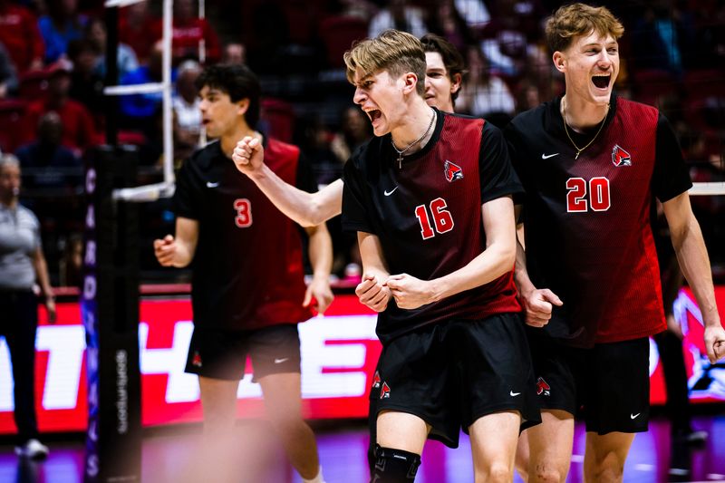 Ball State sophomore opposite Ryan Louis (left) and Ball State senior outside hitter Patrick Rogers (right) celebrates a point against Loyola Chicago during set three Saturday, April 11, 2026, at Worthen Arena.