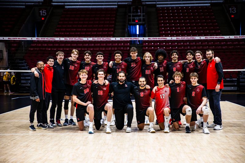 Ball State celebrates winning the regular season title and earning home court advantage for the MIVA tournament after a game against Loyola Chicago Saturday, April 11, 2026, at Worthen Arena.