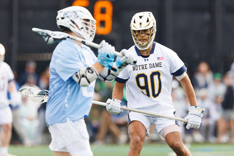 Notre Dame defender Shawn Lyght (90) guards North Carolina attack Owen Duffy (8) during a NCAA men's lacrosse game at Arlotta Family Lacrosse Stadium on Saturday, April 11, 2026, South Bend.