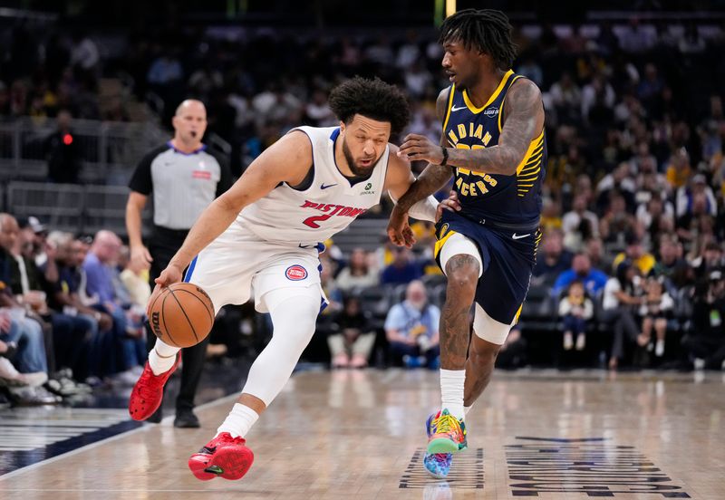 Indiana Pacers guard Quenton Jackson (29) guards Detroit Pistons guard Cade Cunningham (2) on Sunday, April 12, 2026, during the game at Gainbridge Fieldhouse in Indianapolis.