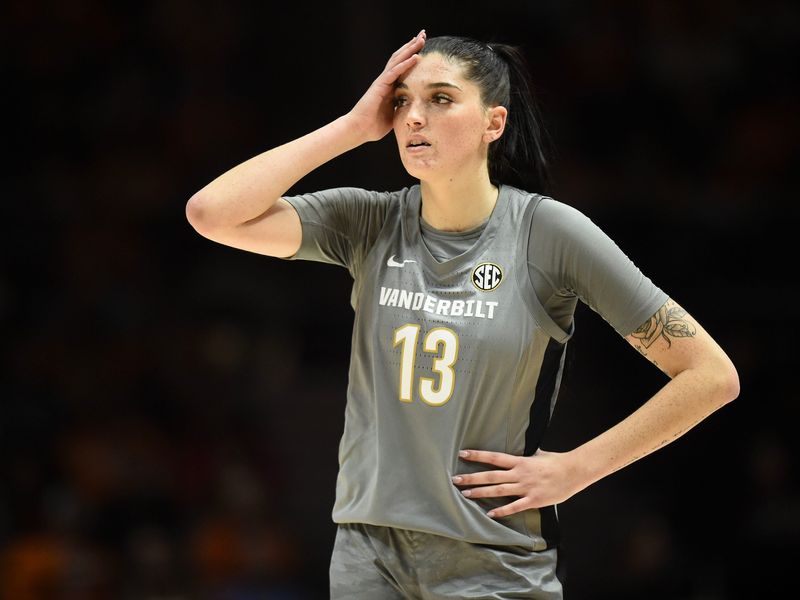 Vanderbilt's Justine Pissott (13) during a pause in the NCAA basketball game against Tennessee on Sunday, January 21, 2024 in Knoxville, Tenn.