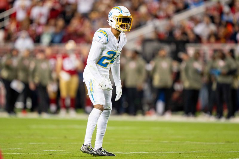 November 13, 2022; Santa Clara, California, USA; Los Angeles Chargers safety Nasir Adderley (24) during the first quarter against the San Francisco 49ers at Levi's Stadium. Mandatory Credit: Kyle Terada-USA TODAY Sports