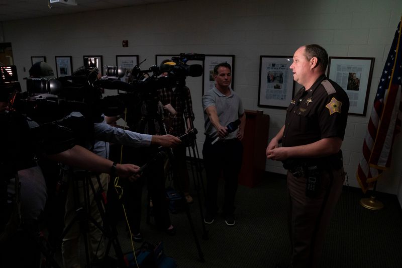 Vanderburgh County Sheriff Noah Robinson provides an update to the ongoing homicide investigation after a man was shot Tuesday in the parking lot of AMC Theaters on the West Side at the Vanderburgh County Sheriff’s Office in Evansville, Ind., Wednesday, April 15, 2026.