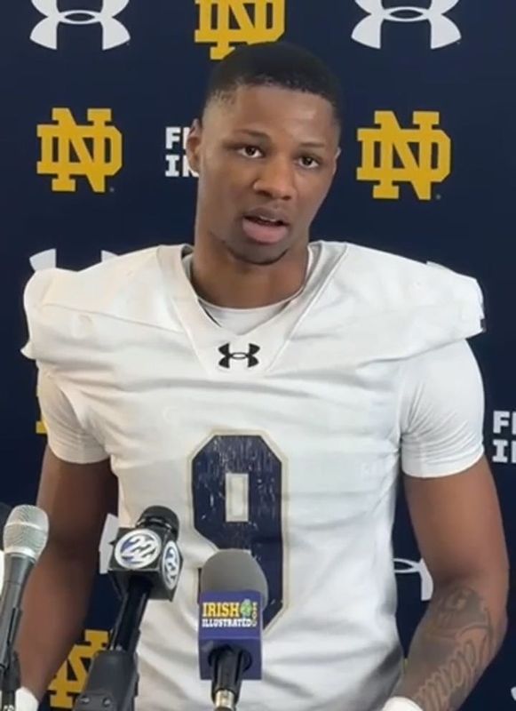 Notre Dame football safety Tae Johnson speaks after practice on April 10, 2026 at the IAC in South Bend, Ind.