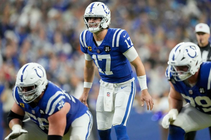 Indianapolis Colts quarterback Daniel Jones (17) yells at the line of scrimmage Sunday, Nov. 30, 2025, during a game against the Houston Texans at Lucas Oil Stadium in Indianapolis.