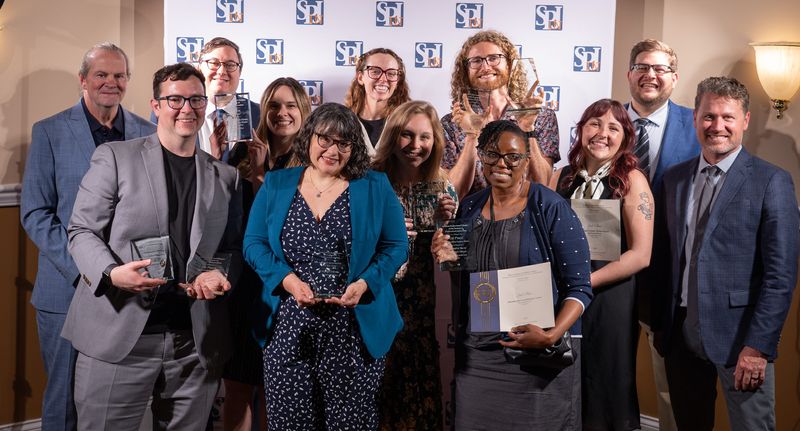 IndyStar journalists pose for a portrait Friday, April 17, 2026, during the Indiana Society of Professional Journalists awards banquet.