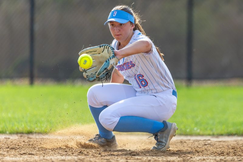 Saint Joseph’s Bella Esquibel fields a ground ball during the Marian vs. Saint Joseph High School softball game, Friday, April 17, 2026, at the Northfield Athletic Complex.