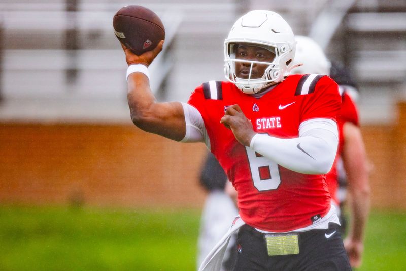 Ball State redshirt junior quarterback Keldric Luster (6) passes the ball during Spring Showcase Saturday, April 18, 2026, at Scheumann Stadium.