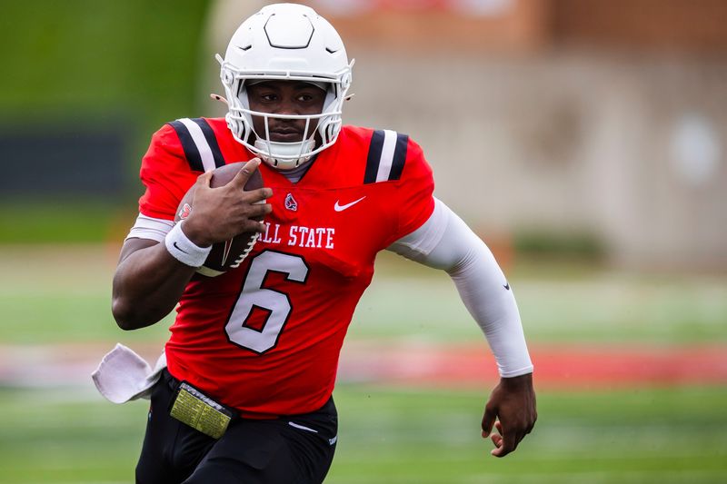 Ball State redshirt junior quarterback Keldric Luster (6) runs the ball during Spring Showcase Saturday, April 18, 2026, at Scheumann Stadium.