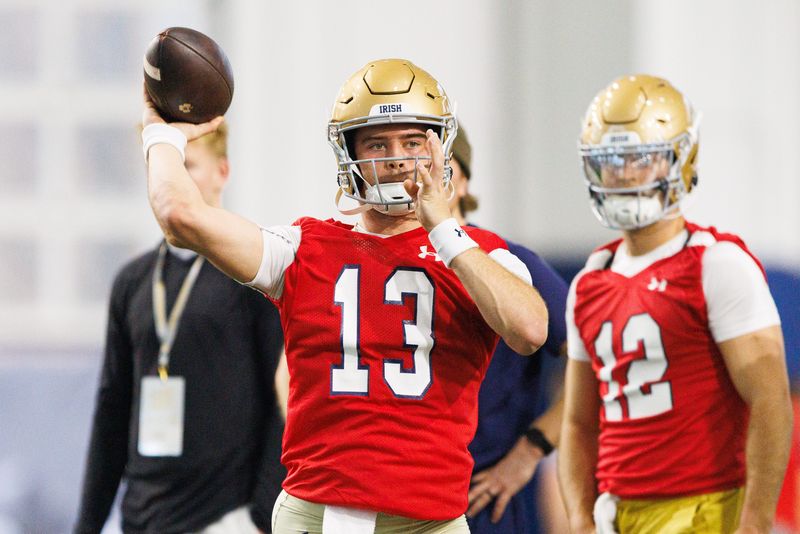 Quarterback CJ Carr (13) during a Notre Dame football practice at Irish Athletic Center on Friday, March 20, 2026, in South Bend.