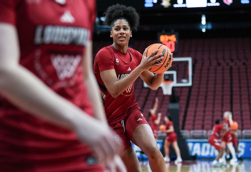 Louisville Cardinals forward Anaya Hardy (9) drives during practice before the 2026 NCAA Women's March Madness basketball tournament at the KFC Yum Center In Louisville, Kentucky. March 20, 2026.