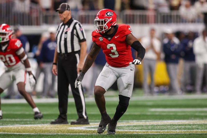 Nov 28, 2025; Atlanta, Georgia, USA; Georgia Bulldogs linebacker CJ Allen (3) in action against the Georgia Tech Yellow Jackets in the fourth quarter at Mercedes-Benz Stadium. Mandatory Credit: Brett Davis-Imagn Images