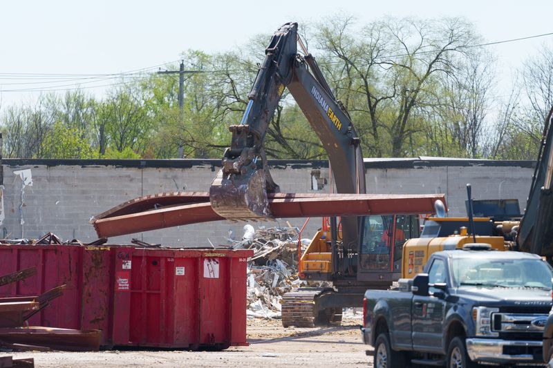 Demolition of the Martin's Super Market in the Elwood Shopping Center takes place on Friday, April 17, 2026, in South Bend.