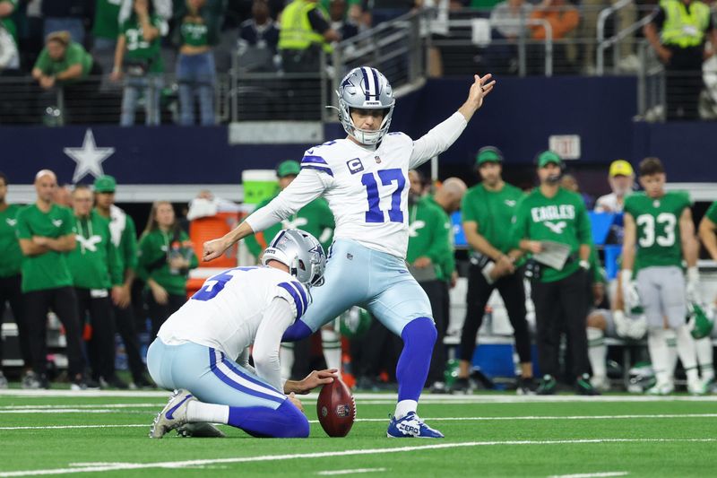 Nov 23, 2025; Arlington, Texas, USA; Dallas Cowboys kicker Brandon Aubrey (17) kicks a field goal to defeat the Philadelphia Eagles in the fourth quarter at AT&T Stadium. Mandatory Credit: Kevin Jairaj-Imagn Images
