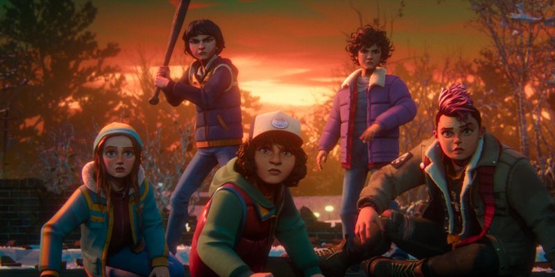 From left to right, Jolie Hoang-Rappaport as Max, Luca Diaz as Mike, Braxton Quinney as Dustin, Brooklyn Davey Norstedt as Eleven and Odessa A'zion as Nikki in the new Netflix animated series "Stranger Things: Tales From '85."