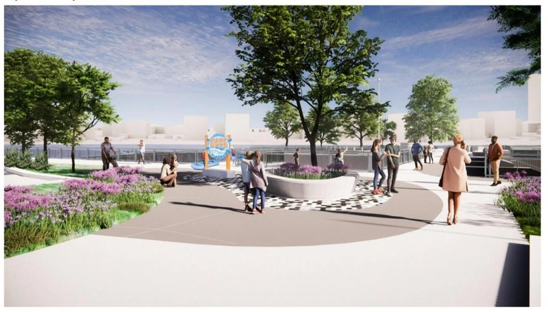 This provided rendering shows what the East Race Waterway entrance will look like following improvements made during the riverwalk improvement project. The East Race is receiving a new, concrete entrance, repaved parking lot, widened bridge and a new dock as part of the $5.2 million project.