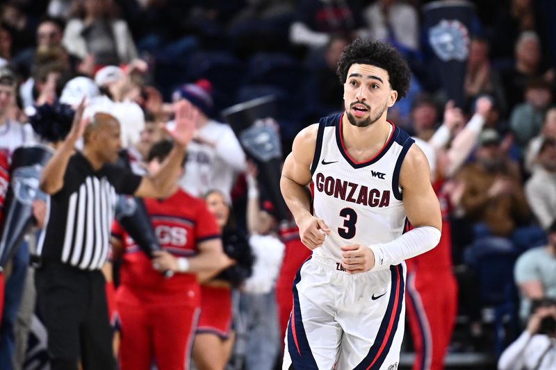 Feb 25, 2026; Spokane, Washington, USA; Gonzaga Bulldogs guard Braeden Smith (3) runs back on defense during a game against the Portland Pilots in the second half at McCarthey Athletic Center. Gonzaga Bulldogs won 89-48. Mandatory Credit: James Snook-Imagn Images