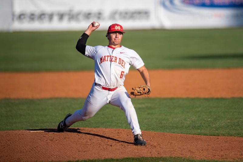 Mater Dei's Max Miller (6) pitches as the Mater Dei Wildcats host the Vincennes Lincoln Alices at Bosse Field in Evansville, Ind., Tuesday, April 21, 2026.