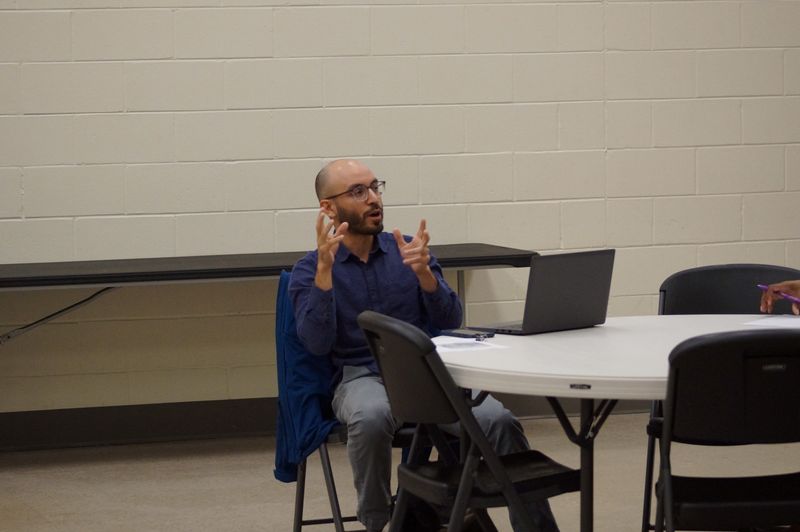 South Bend Sustainability executive director Alex Bazán answers questions about a pause in funding and the proposed sites at a LaSalle Park Neighborhood Association meeting Tuesday, April 21, 2026.