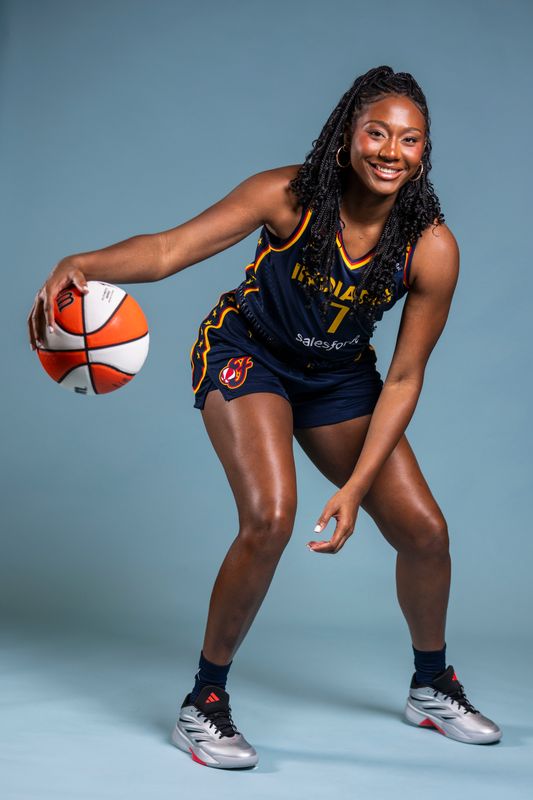 Indiana Fever forward Aliyah Boston (7) poses for a photo Wednesday, April 22, 2026, during media day at Gainbridge Fieldhouse in Indianapolis.