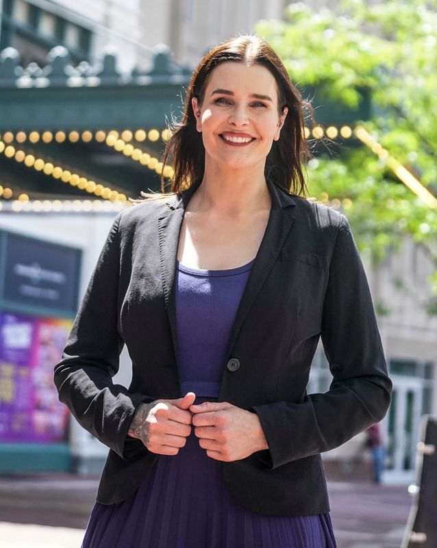 Blythe Potter, a Democratic candidate for Secretary of State is photographed on Monument Circle on Thursday, April 23, 2026, in Indianapolis.