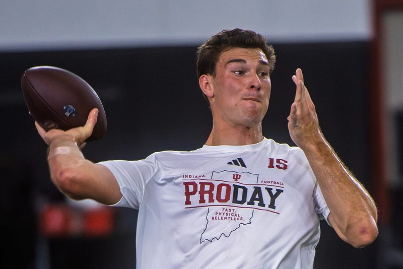 Fernando Mendoza participates in Indiana University's Pro Day at Mellencamp Pavilion on Wednesday, April 1, 2026.