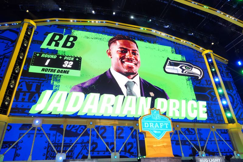 Apr 23, 2026; Pittsburgh, PA, USA; Notre Dame Fighting Irish running back Jadarian Price is selected by the Seattle Seahawks as the number 32 pick during the 2026 NFL Draft at Acrisure Stadium. Mandatory Credit: Kirby Lee-Imagn Images