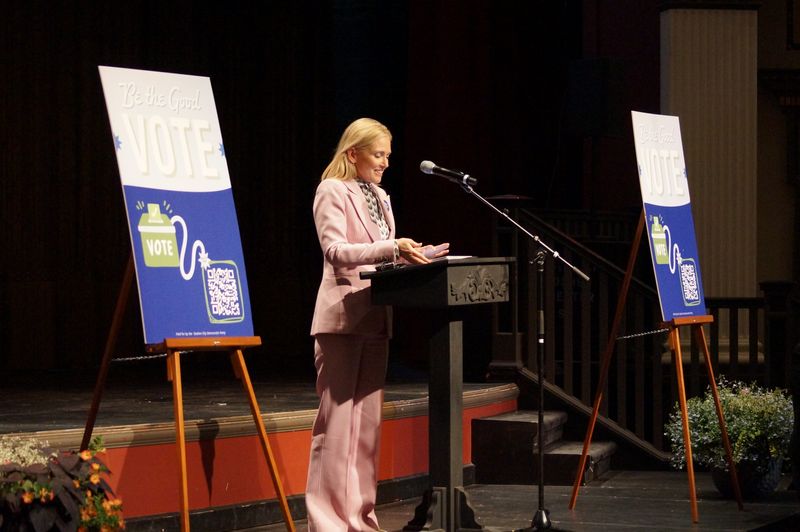 Indiana Senate Minority Leader Shelli Yoder, D-Bloomington, speaks during a community discussion titled "State Law, Local Impact" at the Goshen Theater on Thursday, April 23, 2026.