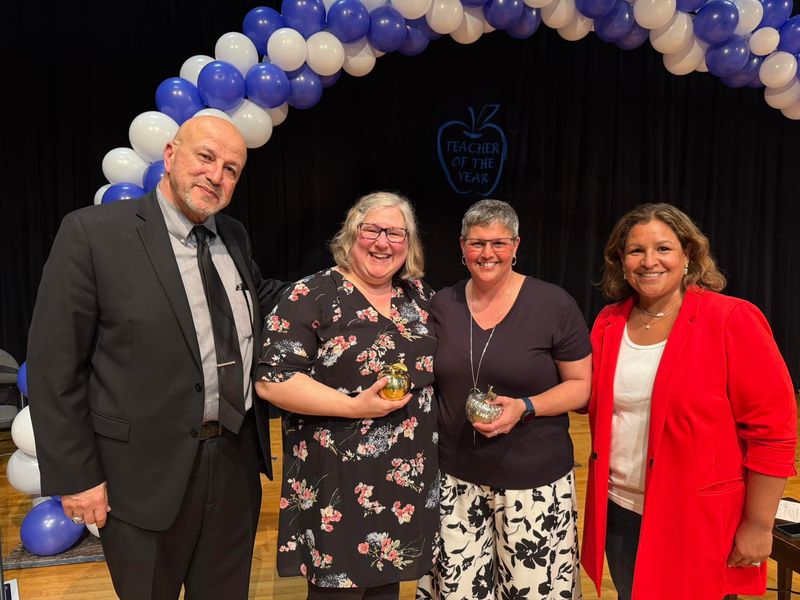 Beckie Hernandez, second from the left, a Spanish teacher at Adams High School, is SBCSC's 2026 Teacher of the Year. Melissa Scott, third from left, a 6th-grade science teaher at LaSalle Academy, was named District Runner-Up.