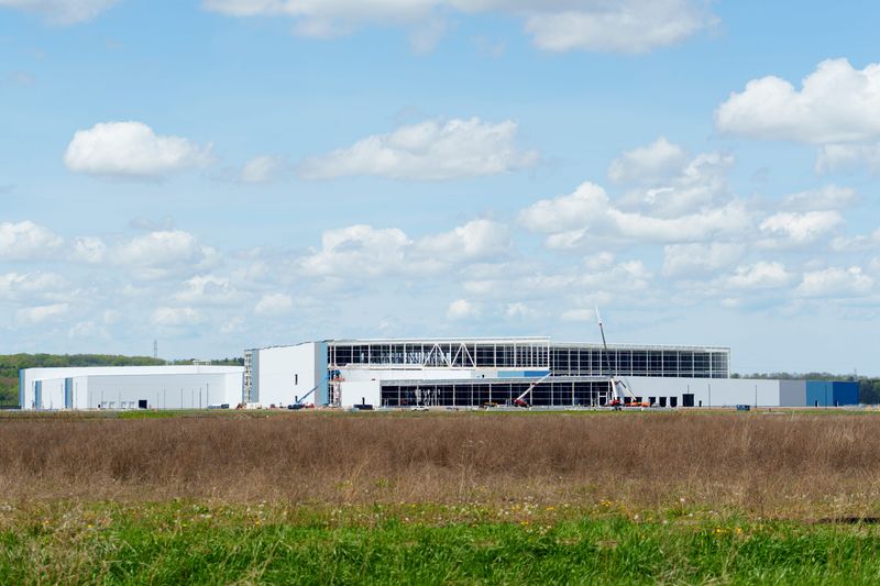 Construction work takes place north of Indiana 2 on a General Motors EV battery plant on Thursday, April 23, 2026, between New Carlisle and South Bend.