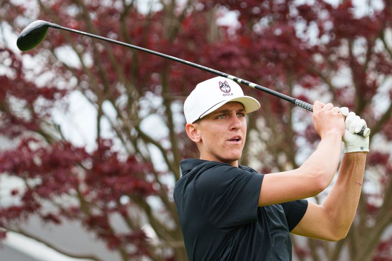 Saint Joseph's Tate Guyton tees off during the Adams High School Invitational at Morris Park Country Club on Friday, April 24, 2026, in South Bend.