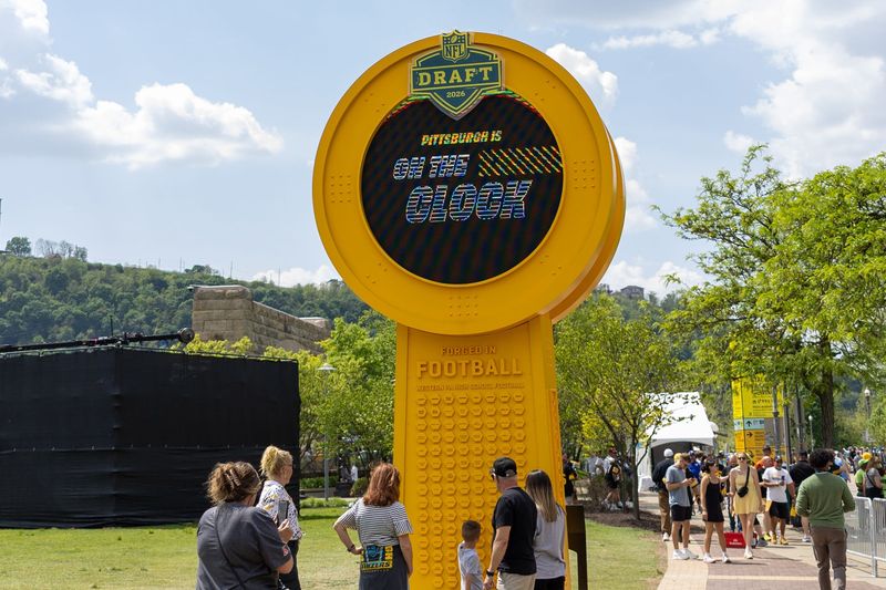 The NFL Draft clock is shown on the second day of the 2026 NFL Draft in Pittsburgh, Pa. Friday, April 24, 2026 outside Acrisure Stadium.