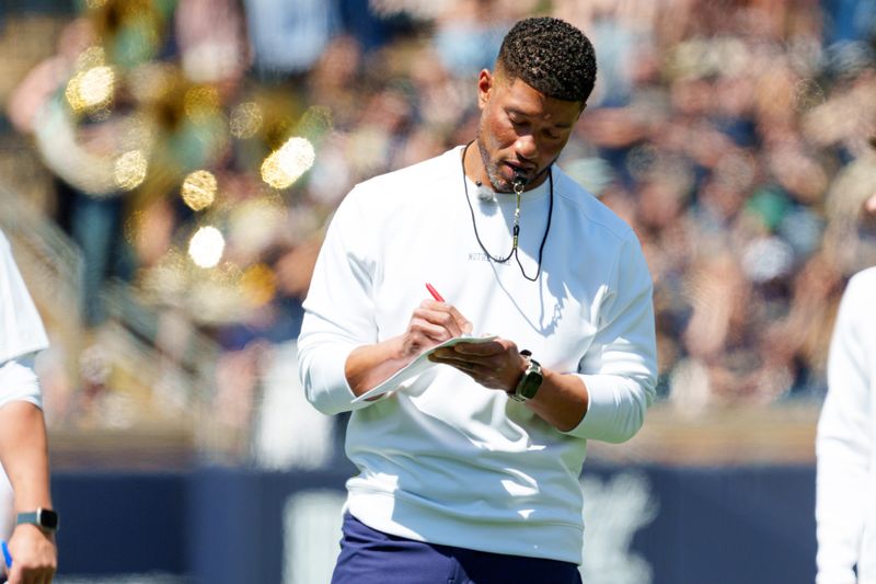 Notre Dame head coach Marcus Freeman during the Blue-Gold spring game at Notre Dame Stadium on Saturday, April 25, 2026, in South Bend.