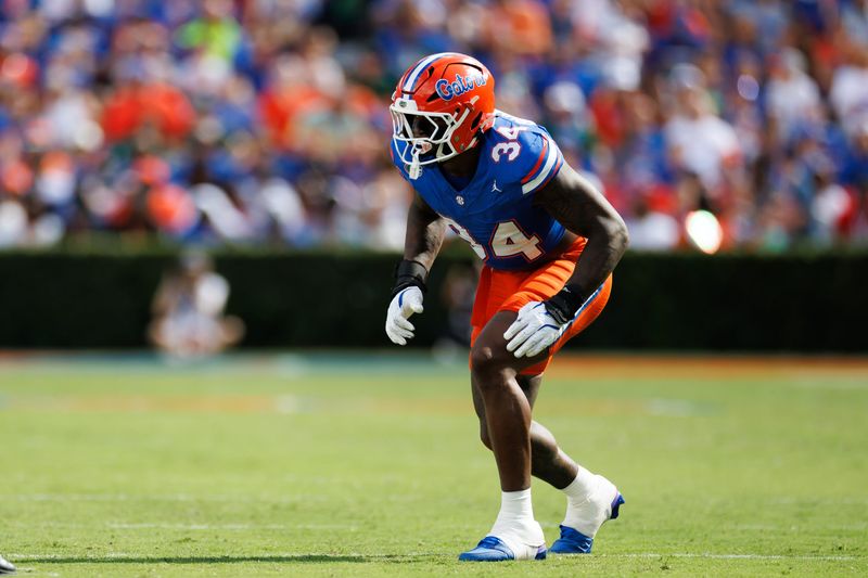 Florida Gators defensive end George Gumbs Jr. waits for the snap against the South Florida Bulls during the first half at Ben Hill Griffin Stadium.