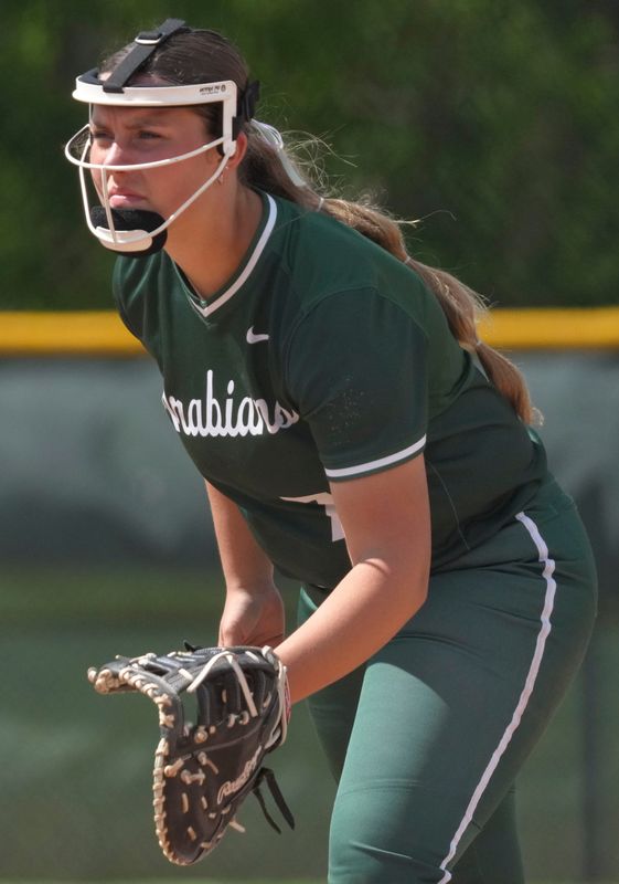Pendleton Heights Arabians' Aubrey Fox (7) waits during a Carmel Invitational game against the Noblesville Millers on Saturday, April 25, 2026, at Cherry Tree Softball Complex in Carmel.