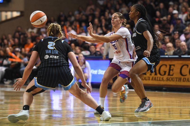 Phoenix Mercury’s Shay Ciezki (5) passes the ball to a teammate while playing against Chicago Sky on Saturday, April 25, 2026, at Sanford Pentagon in Sioux Falls, South Dakota.