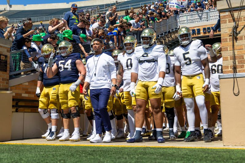 Apr 25, 2026; Notre Dame, IN, USA; Notre Dame Fighting Irish head coach Marcus Freeman waits in the tunnel before the Blue-Gold game at Notre Dame Stadium. Mandatory Credit: Michael Caterina-Imagn Images