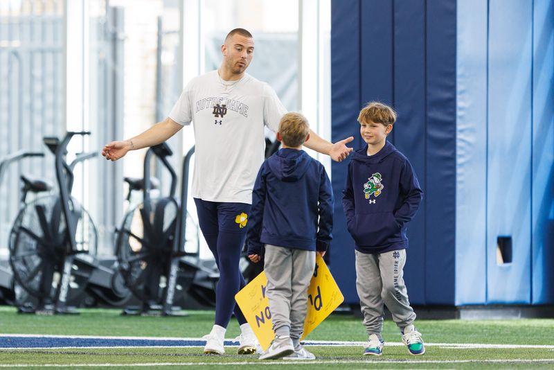 Quarterback CJ Carr, left, during Notre Dame football's Pro Day at Irish Athletic Center on Tuesday, March 24, 2026, in South Bend.