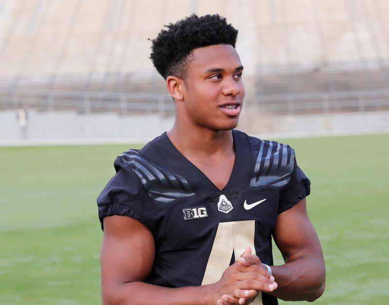 Freshman wide receiver Rondale Moore speaks with membes of the media during Purdue football media day Friday, August 3, 2018, at Ross-Ade Stadium.