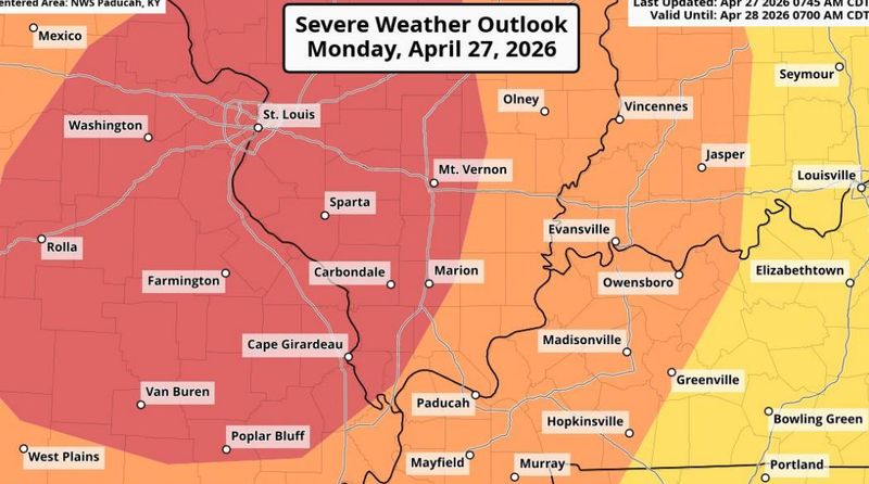 A graphic from the National Weather Service shows the Evansville area's chances for severe weather Monday, April 27. The Tri-State could see everything from strong tornadoes to damaging wind to dangerous hail.