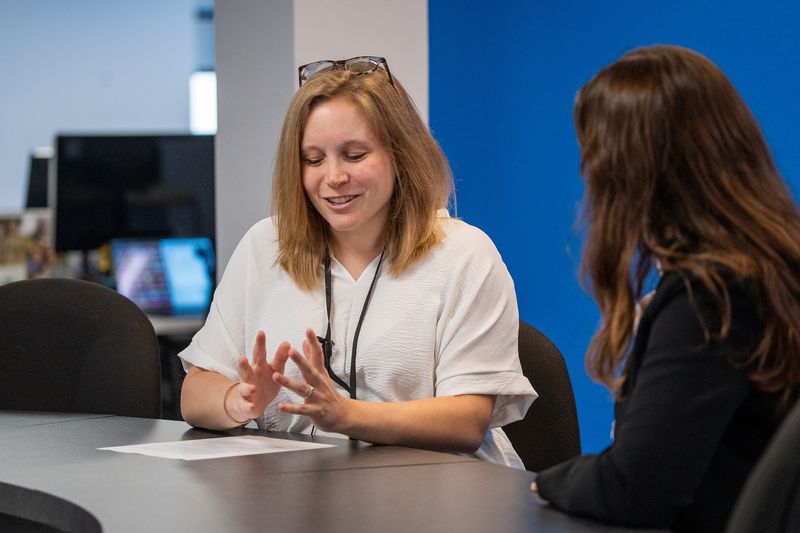 IndyStar statehouse reporter Kayla Dwyer (left) interviews Sarah Janisse Brown, who is challenging U.S. Rep. Jefferson Shreve in the Republican primary for the 6th Congressional District, on Monday, April 27, 2026, at IndyStar in Indianapolis.