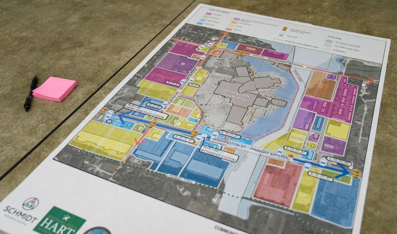 Maps of Washington Square Mall are on display Monday, April 27, 2026, during a community meeting about development for Washington Square Mall at 
Warren Township Schools Administration in Indianapolis.