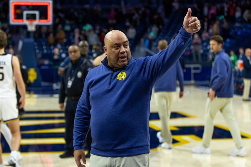 Jan 24, 2026; South Bend, Indiana, USA; Notre Dame Fighting Irish head coach Micah Shrewsberry gives a thumbs up to the crowd after beating the Boston College Eagles at Purcell Pavilion at the Joyce Center. Mandatory Credit: Michael Caterina-Imagn Images