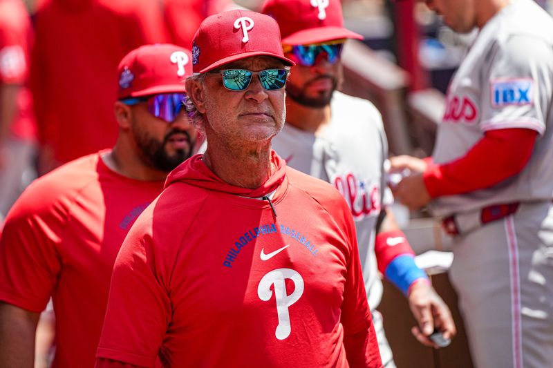 Apr 26, 2026; Cumberland, Georgia, USA; Philadelphia Phillies bench coach Don Mattingly (8) in the dugout during the game against the Atlanta Braves at Truist Park. Mandatory Credit: Dale Zanine-Imagn Images