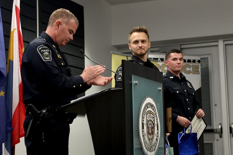 West Lafayette officers Collin Knolhoff, right, and Owen Walbaum, second from right, are recognized by West Lafayette Police Chief Adam Ferguson for the Drive Sober's 2025 Top Cop Awards on Monday, April 27, 2026, in Lafayette, Indiana. West Lafayette Police Department officer Joseph Przybylowski was also recognized.