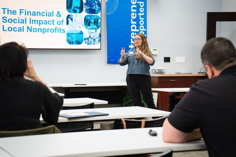 Jena Ashby, relationship and resource director for the Nonprofit Support Network, presents new research on the local impact of nonprofits at the Innovation Connector.