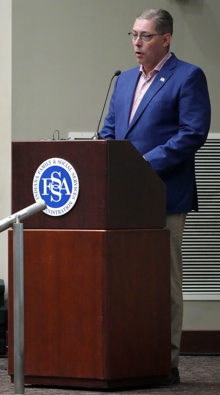 Mitch Roob, secretary for Indiana’s Family and Social Services Administration, speaks during a quarterly financial reporting meeting Tuesday, April 28, 2026, at the Indiana Government Center South in Indianapolis.