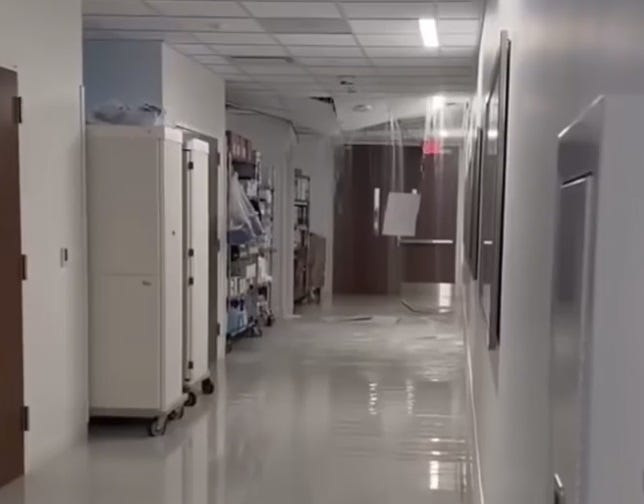 Screenshots from a video show ceiling damage and flooding in a hospital. A hospital spokeswoman said the footage looked like it was taken at IU Health Bloomington hospital but could not be sure that it was shot there.