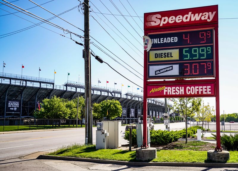 The Speedway gas station across from the Indianapolis Motor Speedway shows gas prices rising on Thursday, April 30, 2026, in Indianapolis. The 2026 Indy 500 pace car, a custom-painted Chevrolet Corvette ZR1X, is unveiled at the Indianapolis Motor Speedway start finish line on Thursday, April 30, 2026, in Indianapolis.