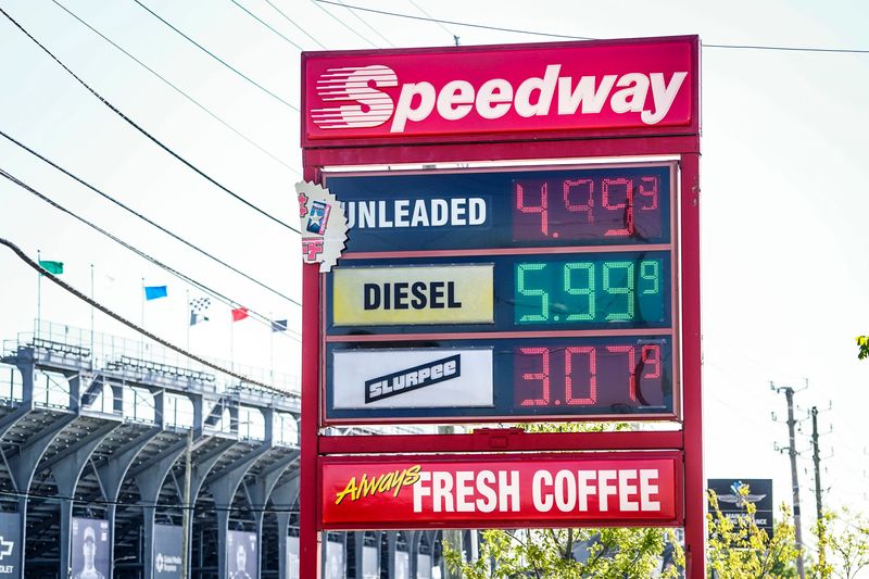 The Speedway gas station across from the Indianapolis Motor Speedway shows gas prices rising on Thursday, April 30, 2026, in Indianapolis.